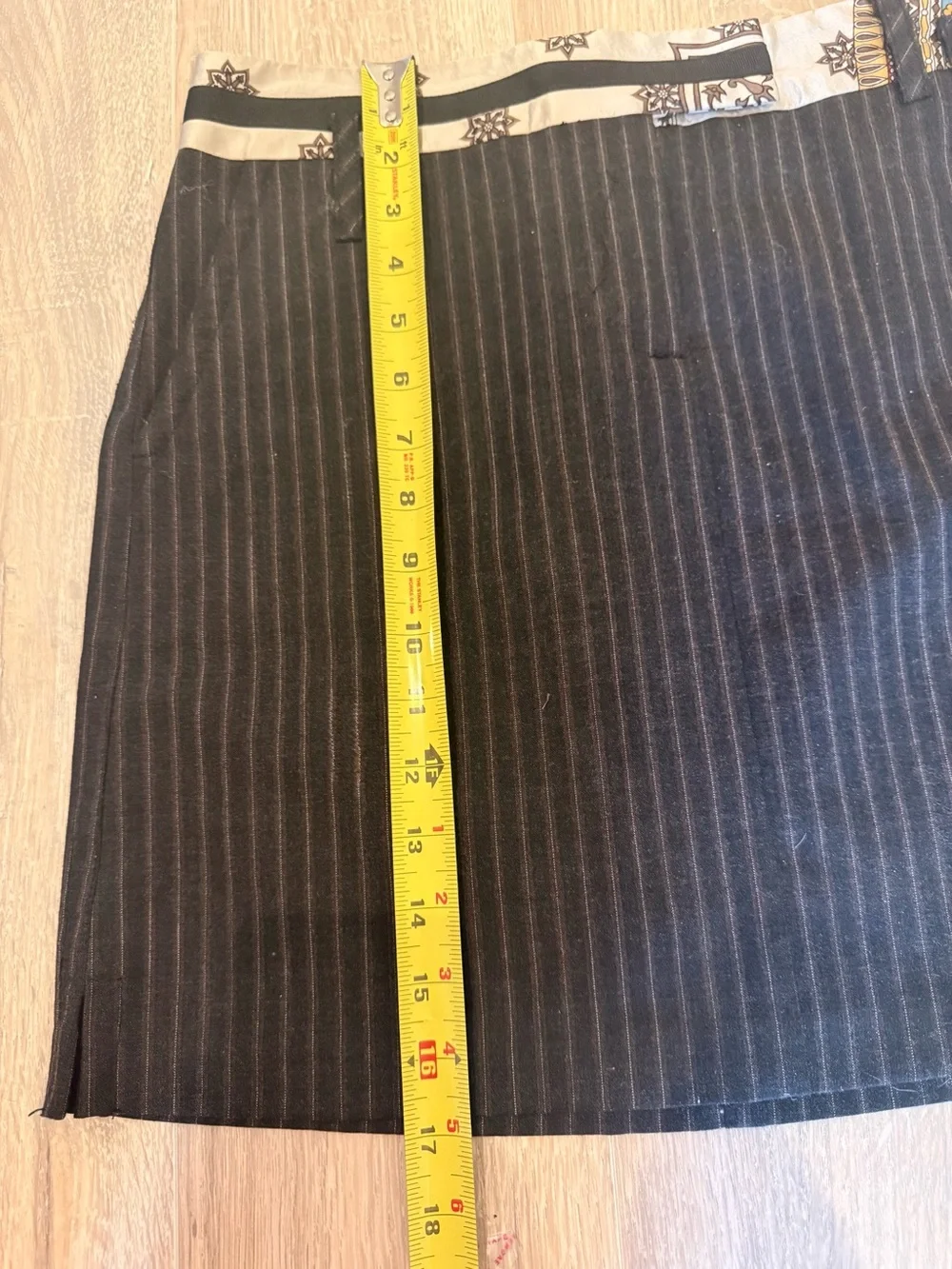 Poleci Y2K Charcoal Pinstripe Skirt Scarf Contrast Waist Retro Eclectic Size M
